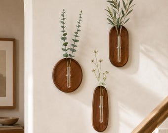 Houten wandvaas voor stekken, glazen reageerbuis plantenhouder, minimalistische Japandi wanddecoratie, housewarming cadeau voor plantenliefhebbers