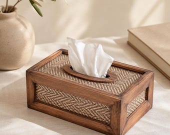 Rustic Wooden Tissue Box Cover, Woven Tissue Holder, Boho Farmhouse Bathroom Decor, Neutral Home Accent, Housewarming Gift