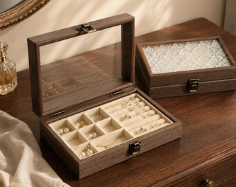 Vintage Style Wooden Jewelry Box with Display Lid, Ring and Earring Organizer