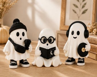 Cute Ghost Figurine Set, Halloween Decor, Reading Coffee Music Ghost, Cozy Spooky Shelf Decor, Book Lover Gift, Set of 3