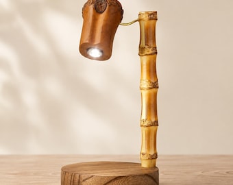 Bamboo Night Light, Rustic Wood Table Lamp, Mini Bedside Accent Light, Rotating Switch Lamp, Japandi Desk Decor, Nature Lover Gift