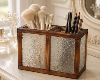 Vintage Glass Pencil Holder, Embossed Glass and Wood Desk Organizer, Makeup Brush Holder, Cottagecore Office and Vanity Decor