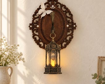 French Country Wall Lantern, Butterfly & Ornate Scroll Wall Decor, Button Battery Powered Accent Light, Housewarming Gift