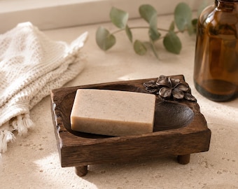 Rustiek houten zeepbakje, vintage gesneden zeephouder met afvoer, cottagecore badkamerdecoratie, natuurlijke spa-zeepbak