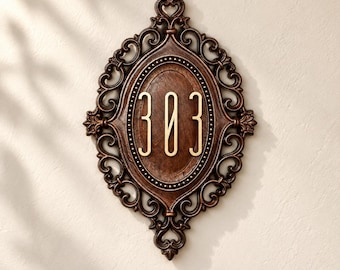 Personalized Door Number Sign – Walnut Center, Victorian Bronze-Tone Acrylic Frame, Horizontal or Vertical