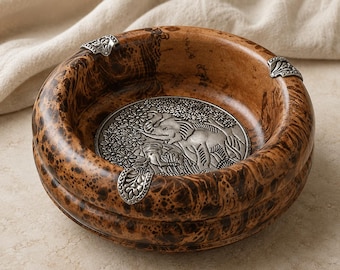 Carved Solid Wood Cigar Ashtray, Vintage Elephant Inlay, Rustic Smoking Accessory, Man Cave Decor, Gift for Him