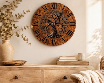 Tree of Life Wall Clock, Rustic Wood Grain Roman Numeral Clock, Silent Quartz Nature Wall Decor, Farmhouse Housewarming Gift for Home