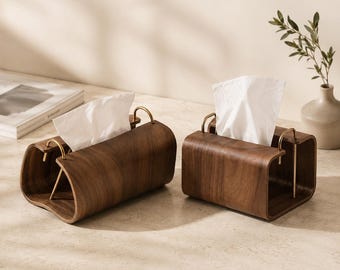 Walnut Wood Tissue Box Cover, Mid Century Modern Tissue Holder, Japandi Home Decor, Brass Accent, Housewarming Gift