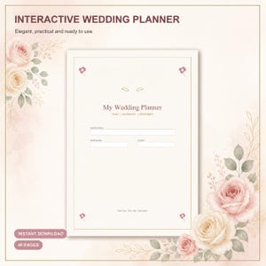 Könnte beinhalten: Ein interaktiver Hochzeitsplaner auf cremefarbenem Hintergrund mit dem Text My Wedding Planner, Plan | Celebrate | Remember sowie Feldern für Namen, Datum und Ort, verziert mit aquarellierten rosa Rosen und grünen Blättern.