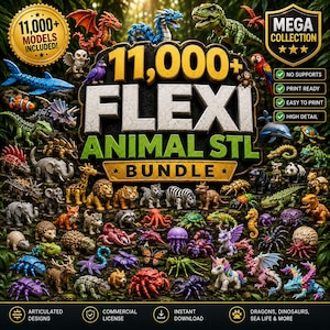 Könnte beinhalten: Eine digitale Sammlung von über 11.000 beweglichen Flexi-Tier-STL-Dateien für den 3D-Druck. Das Bild zeigt eine Vielzahl bunter, beweglicher Kreaturen, darunter Drachen, Dinosaurier, Meerestiere und Säugetiere, mit Texten, die Merkmale wie keine Stützstrukturen und druckfertig hervorheben.
