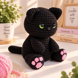 Può includere: Un peluche a forma di gatto realizzato all'uncinetto in colore nero, con grandi occhi verde brillante e un piccolo naso nero. Il gatto è in posizione seduta, con cuscinetti rosa lavorati all'uncinetto sulle zampe e una lunga coda sottile.