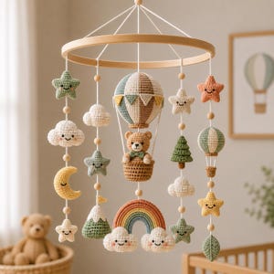 May include: A nursery mobile featuring a circular wooden frame with hanging crocheted elements including a teddy bear in a hot air balloon, a rainbow, stars, clouds, a moon, a pine tree, and a mountain, all connected by white strings and wooden beads.