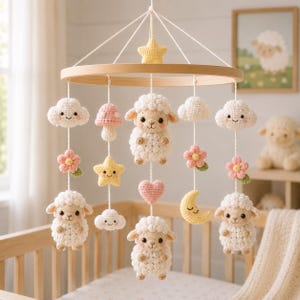 Personalized Crochet Sheep Baby Mobile, Lamb Crib Mobile, Neutral Nursery Decor Gift, Baby Shower's Gift, Crib Mobile, Cot Mobile