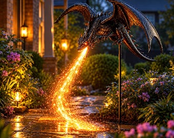 Solar Dragon Garden Stake, Fire Breathing Dragon Yard Light, Gothic Outdoor Decor