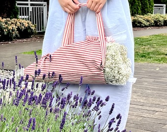 Handmade Cotton Flower Bouquet Carrier Bag | Red Stripe Tote, Market Bag