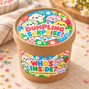 May include: A cylindrical brown paper container with a colorful label featuring cartoon dumplings and the text DUMPLING SURPRISE! MYSTERY DUMPLING CAKE on the lid and WHO'S INSIDE? Meet your sweet little mystery on the side with red and white checkers.