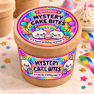 Könnte beinhalten: Ein runder Pappbehälter mit einem bunten Etikett, das den Text Birthday Mystery Cake Bites und A sweet birthday surprise trägt. Das Etikett zeigt Zeichentrickfiguren, Luftballons und Geschenke auf einem regenbogenfarbenen Hintergrund.