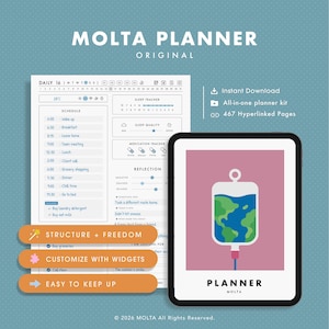 以下が含まれることがあります： Molta Planner Originalは、スケジュール、睡眠トラッカー、服薬トラッカー、振り返りセクションを備えたデジタルデイリープランナーです。467ページのハイパーリンク付きページと即時ダウンロードが含まれています。インターフェースには、地球儀のデザインが施された点滴バッグのグラフィックが表示され、Planner Moltaというラベルとテキスト付きのオレンジ色のボタンが配置されています。