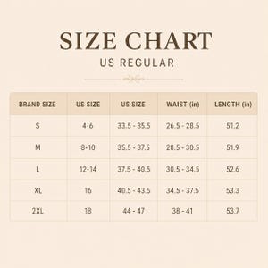 May include: A size chart for US regular clothing featuring columns for brand size, US size, measurements, waist in inches, and length in inches. The table lists sizes from S to 2XL with corresponding numerical values for fit and garment dimensions.