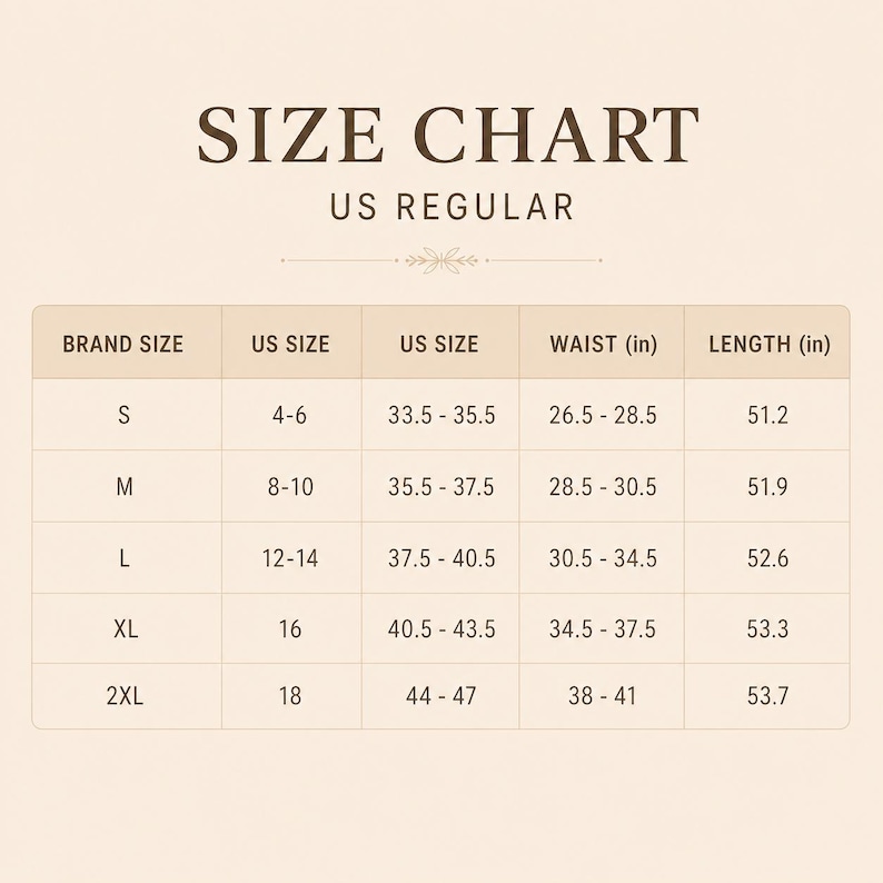 May include: A size chart for US regular clothing featuring columns for brand size, US size, measurements, waist in inches, and length in inches. The table lists sizes from S to 2XL with corresponding numerical values for fit and garment dimensions.