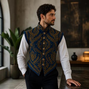 Op de afbeelding: Een mouwloos vest met een diepblauwe basis en een ingewikkeld goudkleurig damastpatroon. Het kledingstuk heeft een hoge kraag, een rechte opening aan de voorzijde met zes ronde metalen knopen en een puntige zoom, gedragen over een wit overhemd.