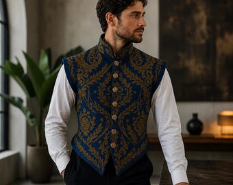 May include: A sleeveless vest featuring a deep blue base with an intricate gold-toned damask pattern. The garment has a high collar, a straight front opening secured by six round metallic buttons, and a pointed hemline worn over a white shirt.