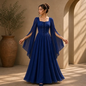 May include: A floor-length navy blue dress featuring long, flowing split sleeves and a square neckline. The bodice includes a central lace-up detail with matching blue cord, while the skirt falls in a full, pleated silhouette to the floor.
