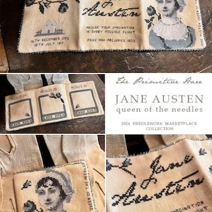 以下が含まれることがあります： ジェーン・オースティンの肖像画、テキスト「ジェーン・オースティン」、そして「Indulge your imagination in every possible flight. Pride and Prejudice, 1823」という引用文が描かれたニードルポイントのサンプル。