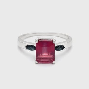 Emerald Cut Ruby Sapphire Marquise Ring, 925 Sterling Silver, Pink Red Gemstone Ring, Minimalist Statement Ring, Gift for Her