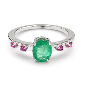 Anello con smeraldo e inserti di rubino naturale, anello in argento 925 fatto a mano, gioiello con pietra portafortuna di maggio, regalo di fidanzamento per donna.