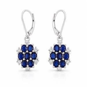 Blue Sapphire Cluster Drop Earrings, Silver Leverback, September Birthstone Jewellery