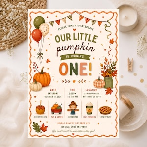 May include: A rectangular birthday invitation card with a scalloped orange border featuring autumn-themed illustrations of pumpkins, balloons, and a scarecrow. The text reads: Please join us to celebrate our little pumpkin is turning one!