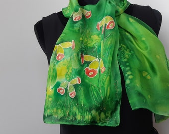 Green Hand Painted Primrose Silk Scarf for Ladies. Green and Yellow Silk Scarf 14 x 51 inch Original Gift Scarf. Art Scarf