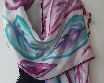 Hand Painted Silk Scarf for Ladies. Leaves Hand Painted White, Purple, Violet, Mint. Silk Scarf 18''x 71". White and Purple Shoulder Wrap