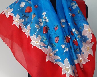 Hand Painted Silk Scarf: Strawberries & Daisies, Royal Blue Kerchief 90 x 90 cm