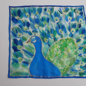Hand Painted Silk Mens Pocket Square. Blue Peacock Design. 11x11 inch Pocket Square. Original Design Hanky, Gift For Men or Women, Accessory