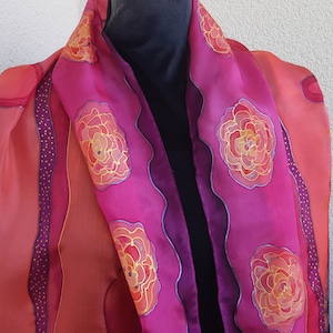 Painted Roses Silk Scarf Pink, Magenta, Coral and Purple Design. Art Scarf, Gift for Mum Hand Painted Long Silk Scarf, Gift Scarf