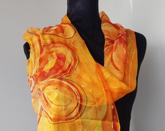 Hand Painted Yellow Chiffon Scarf, Floral Silk Shawl: 180 x 45 cm