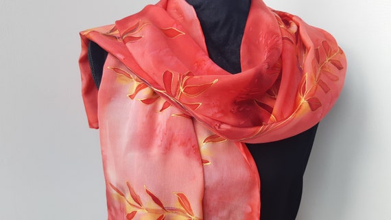 Hand Painted Silk Scarf Crepe de Chine Floral Shawl, Red Sunset Colors: 180 x 45 cm