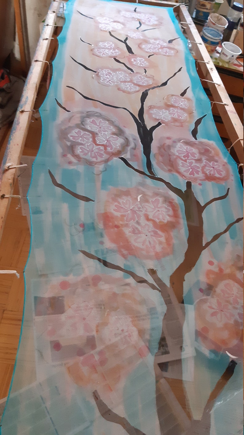 Blooming Sakura Scarf, Hand Painted Chiffon for Ladies. Cadeau pour Elle, Art Scarf. Sakura Long 18x71 Painted Scarf, Gift Art Scarf image 9