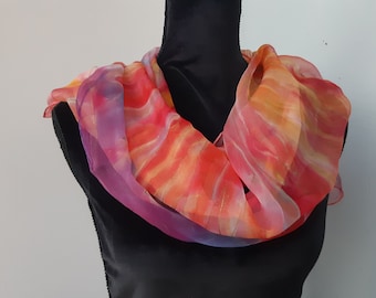 Hand Painted Silk Chiffon Scarf, Coral Peach Tones, Wearable Art 180 x 45 cm