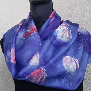 Make A Wish. Hand Painted Elegant Long Silk Scarf - Dandelion Seed. Eggplant, Purple, White Colors. 18x 71 Long Scarf by Artist, Artistic