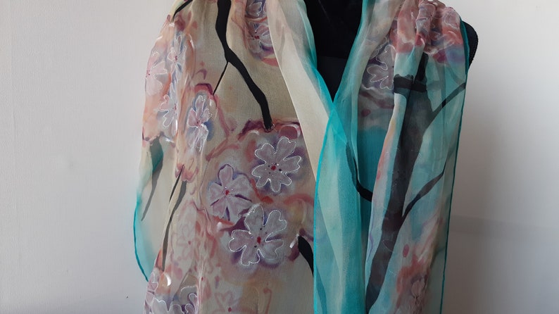 Blooming Sakura Scarf, Hand Painted Chiffon for Ladies. Cadeau pour Elle, Art Scarf. Sakura Long 18x71 Painted Scarf, Gift Art Scarf image 2