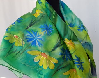 Hand-Painted Silk Scarf, Green Nordic Meadow Floral Art, 90x90 cm