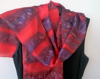 Elegant Red and Plum Silk Scarf Ombre Red Hand Painted. Art to Wear. 18 x 59 in Scarf. Handmade Scarf,  Holiday Gift Idea; Hand Painted Silk