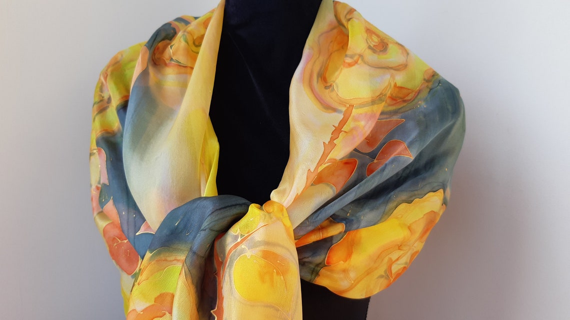 Yellow Roses Silk Art Scarf Hand Painted. Inspired by Roses. Etsy