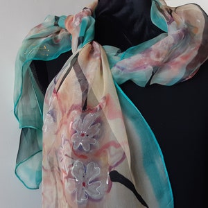 Blooming Sakura Scarf, Hand Painted Chiffon for Ladies. Cadeau pour Elle, Art Scarf. Sakura Long 18x71 Painted Scarf, Gift Art Scarf image 4