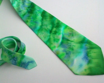 Forest Green Hand Painted Silk Necktie. Abstract Painted Designer Tie.  Green Tones Hand Painted Tie For Men. Abstract Tie