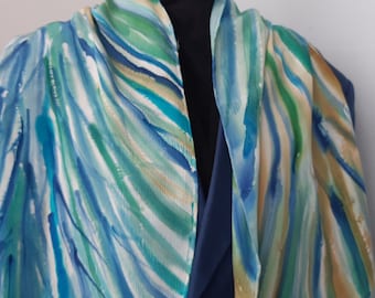 Hand Painted Crepe de Chine Silk Scarf, Green Teal Blue: 150 x 40 cm