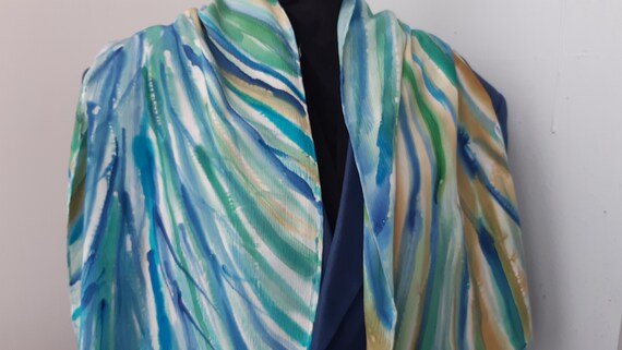 Hand Painted Crepe de Chine Silk Scarf, Green Teal Blue: 150 x 40 cm